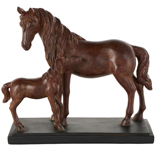 14.5" Dark Brown Ceramic Horse with Baby Decorative Sculpture